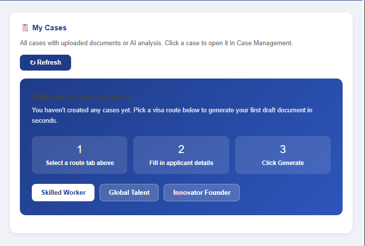 Immigration Workspace dashboard screenshot